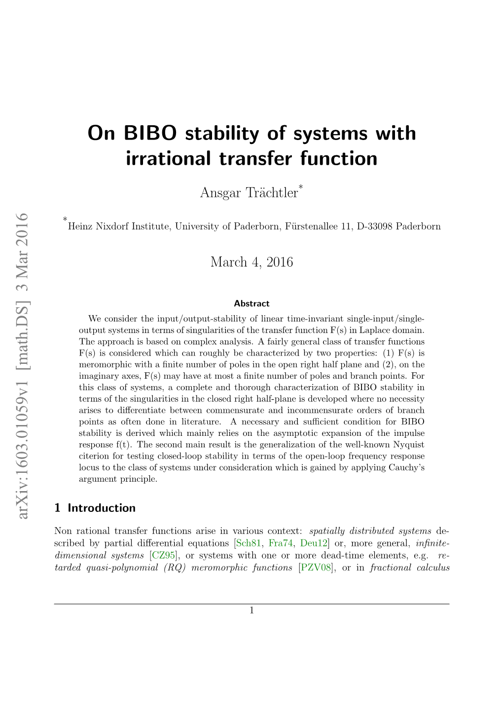 On BIBO Stability of Systems with Irrational Transfer Function