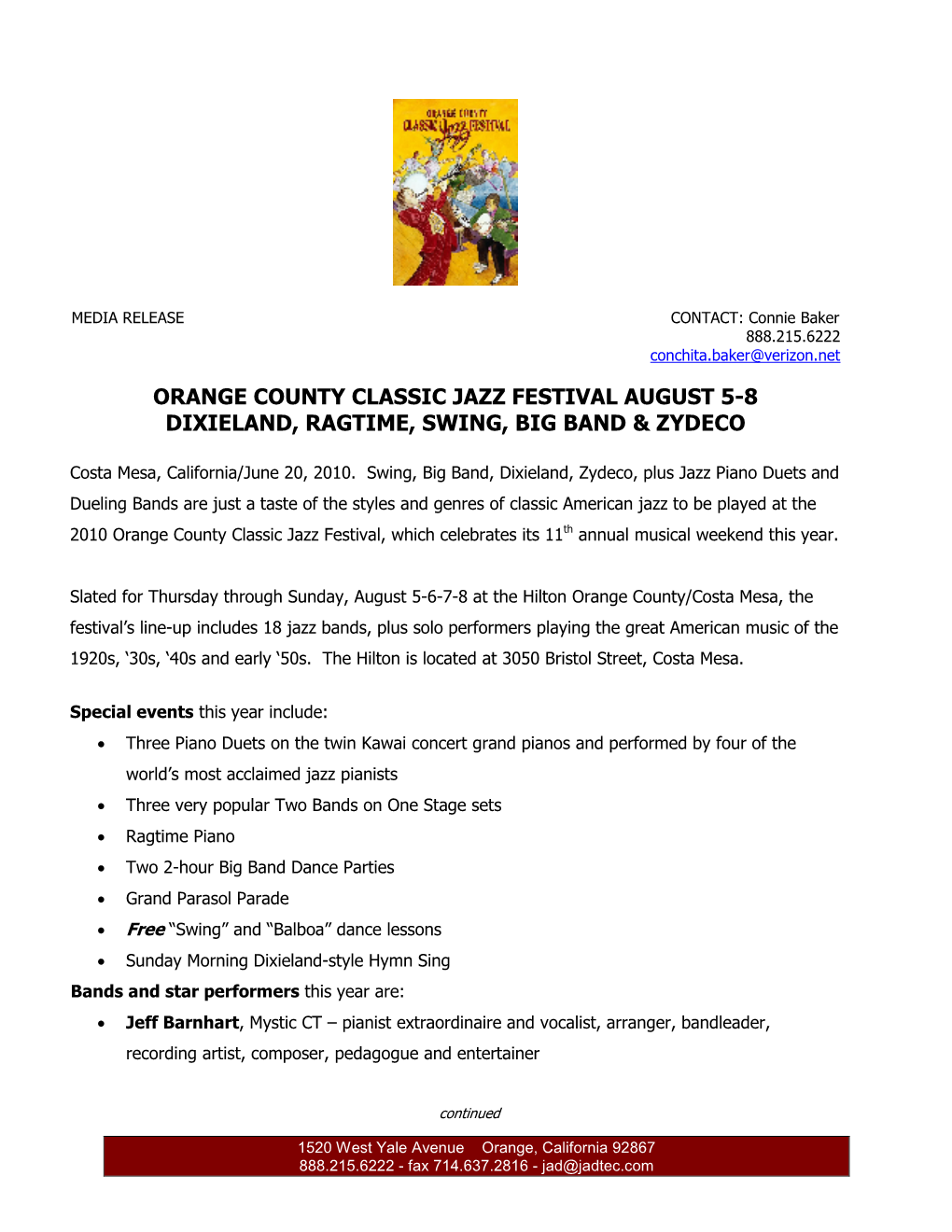 Orange County Classic Jazz Festival August 5-8 Dixieland, Ragtime, Swing, Big Band & Zydeco