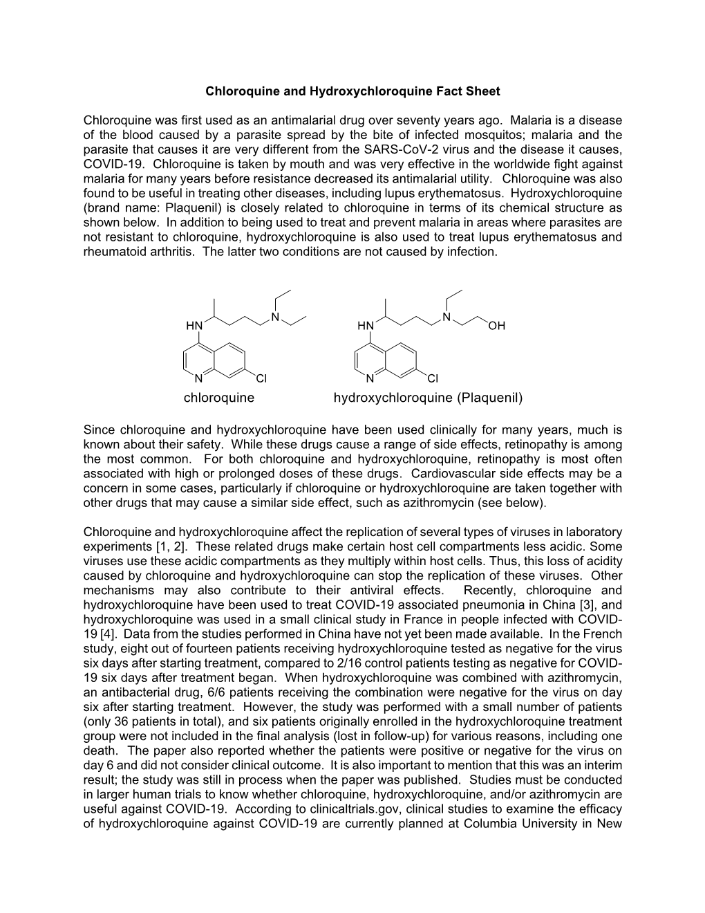 Chloroquine and Hydroxychloroquine Fact Sheet