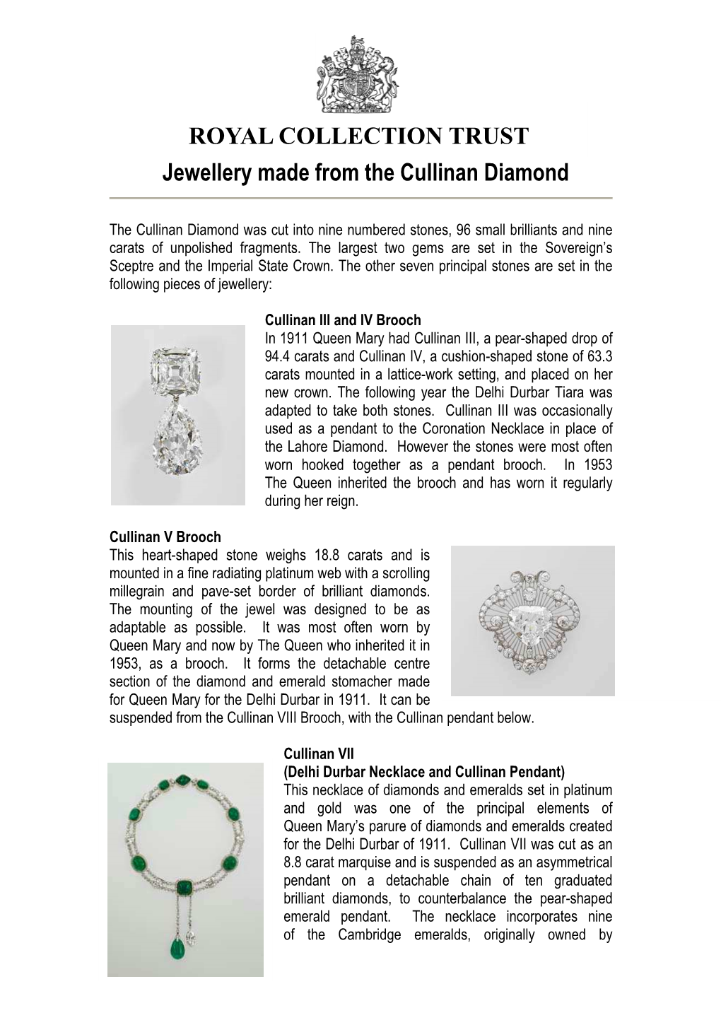 Jewellery Made from the Cullinan Diamond