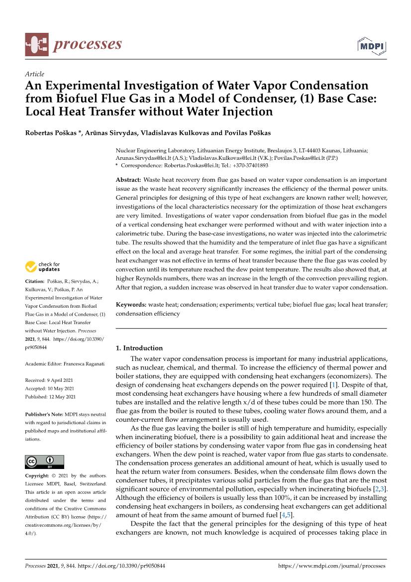 An Experimental Investigation of Water Vapor Condensation from Biofuel Flue Gas in a Model of Condenser, (1) Base Case: Local Heat Transfer Without Water Injection