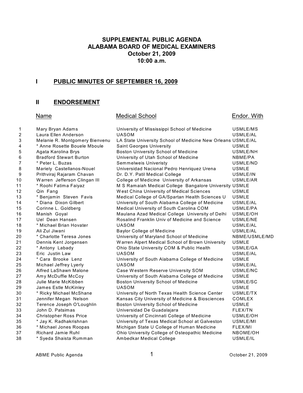 PUBLIC AGENDA ALABAMA BOARD of MEDICAL EXAMINERS October 21, 2009 10:00 A.M