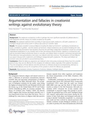 Argumentation and Fallacies in Creationist Writings Against Evolutionary Theory Petteri Nieminen1,2* and Anne-Mari Mustonen1