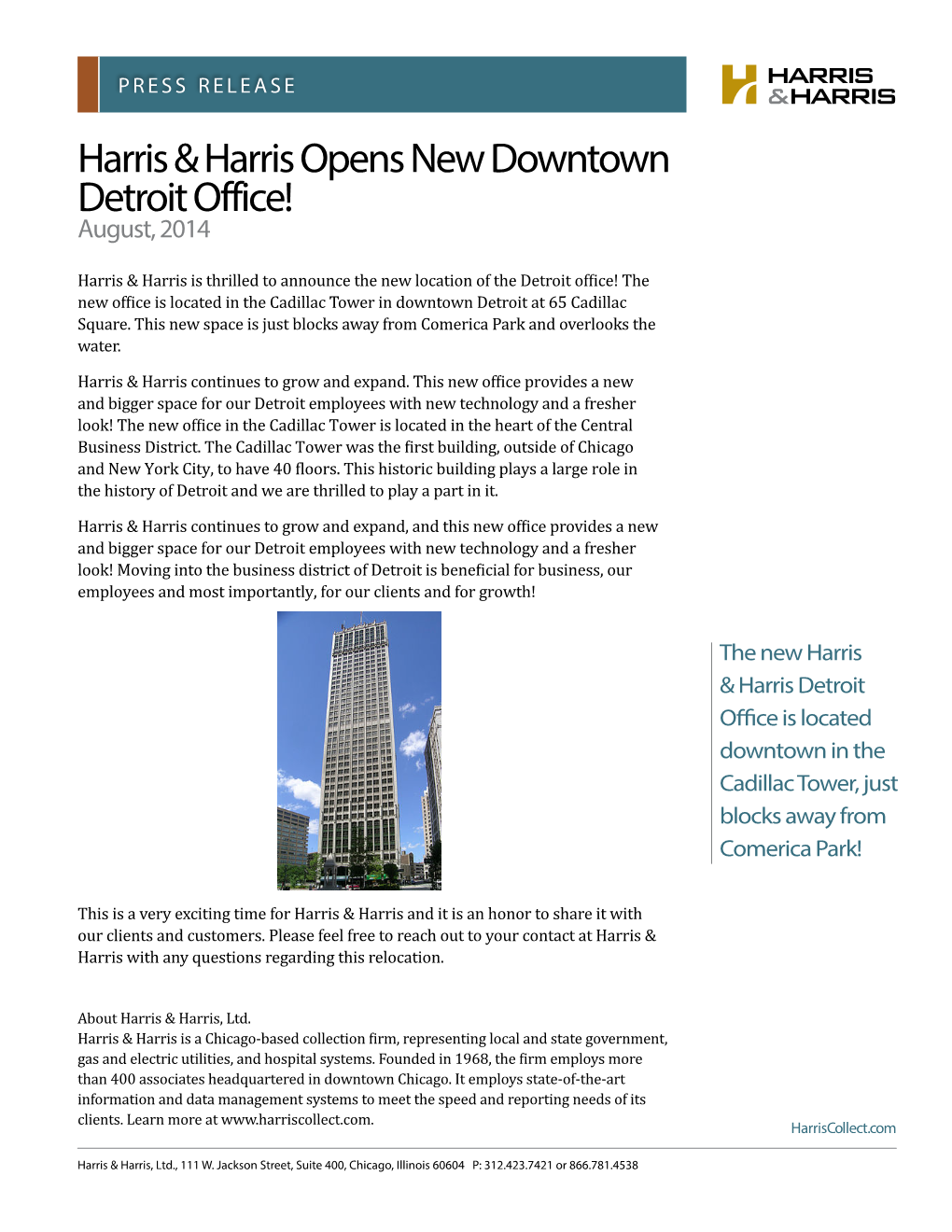 Harris & Harris Opens New Downtown Detroit Office!