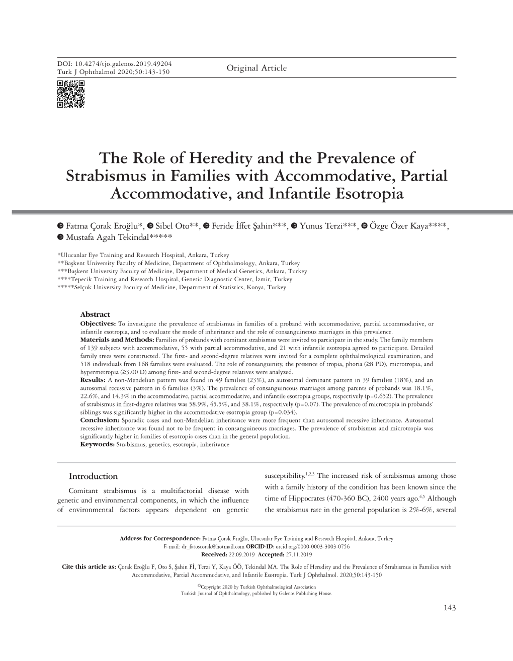 The Role of Heredity and the Prevalence of Strabismus in Families with Accommodative, Partial Accommodative, and Infantile Esotropia