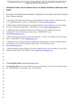 Nutritional Status and Its Related Factors in Khalwa Residents, Khartoum State, 2 Sudan