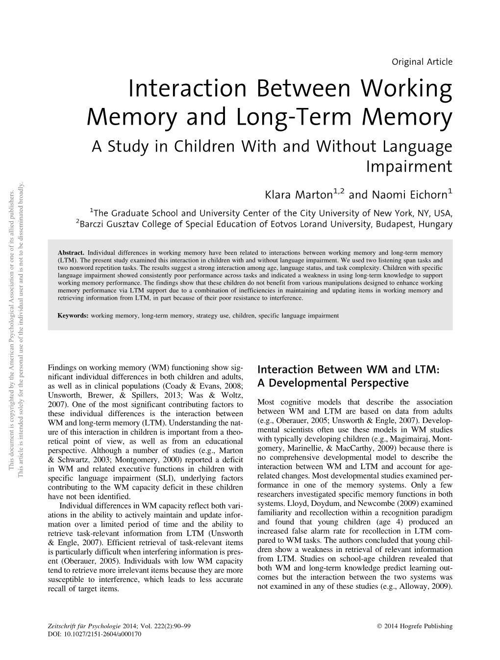 Interaction Between Working Memory and Long-Term Memory a Study in Children with and Without Language Impairment