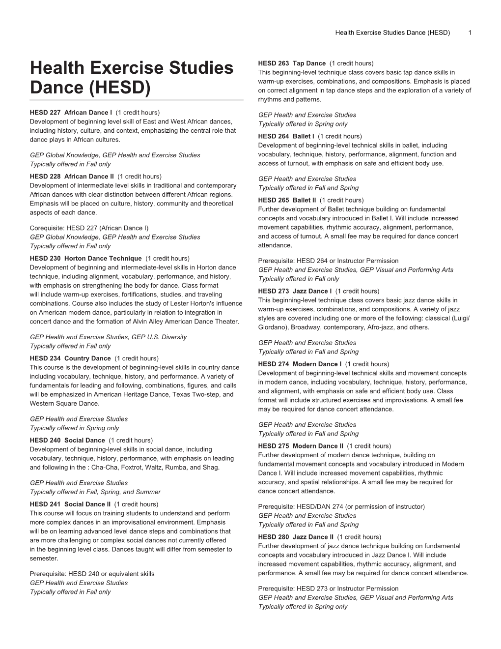 Health Exercise Studies Dance (HESD) 1