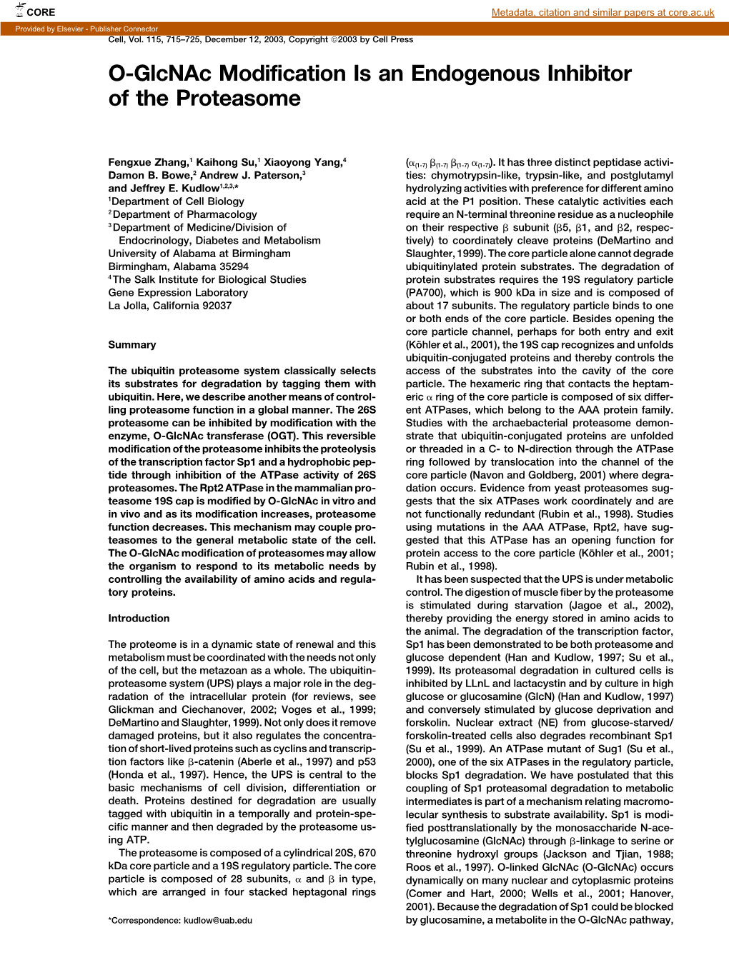 O-Glcnac Modification Is an Endogenous Inhibitor of the Proteasome