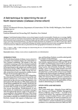 A Field Technique for Determining the Sex of North Island Kokako (Callaeas Cinerea Wilsonl)