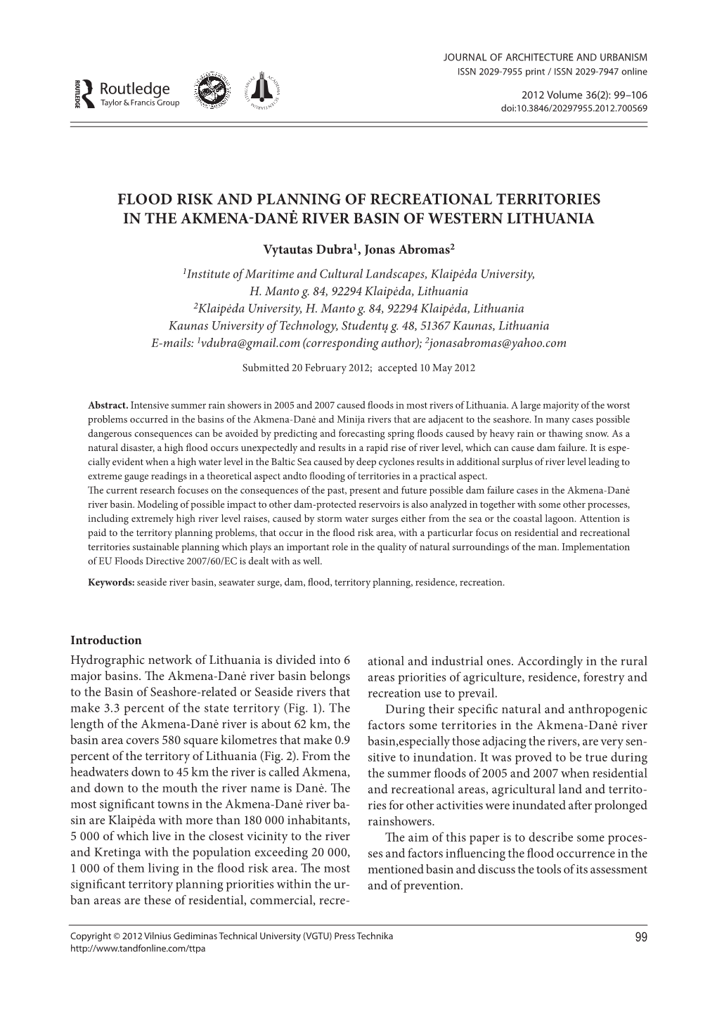 Flood Risk and Planning of Recreational Territories in the Akmena-Danė River Basin of Western Lithuania