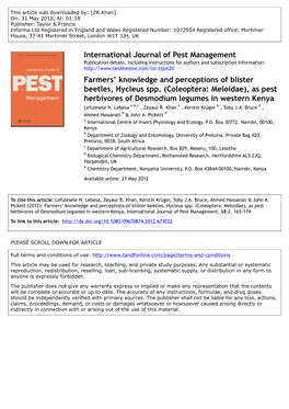 Farmers' Knowledge and Perceptions of Blister Beetles, Hycleus Spp