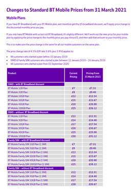 Changes to Standard BT Mobile Prices from 31 March 2021 Mobile Plans