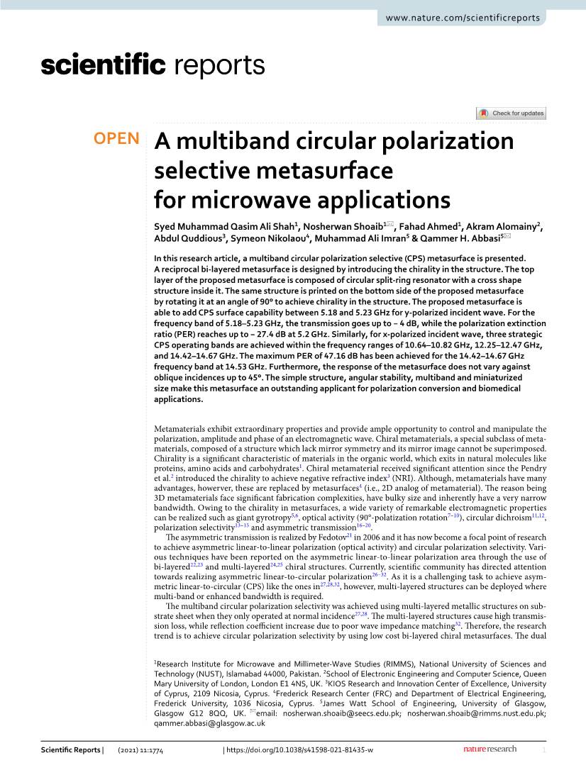 A Multiband Circular Polarization Selective Metasurface for Microwave Applications