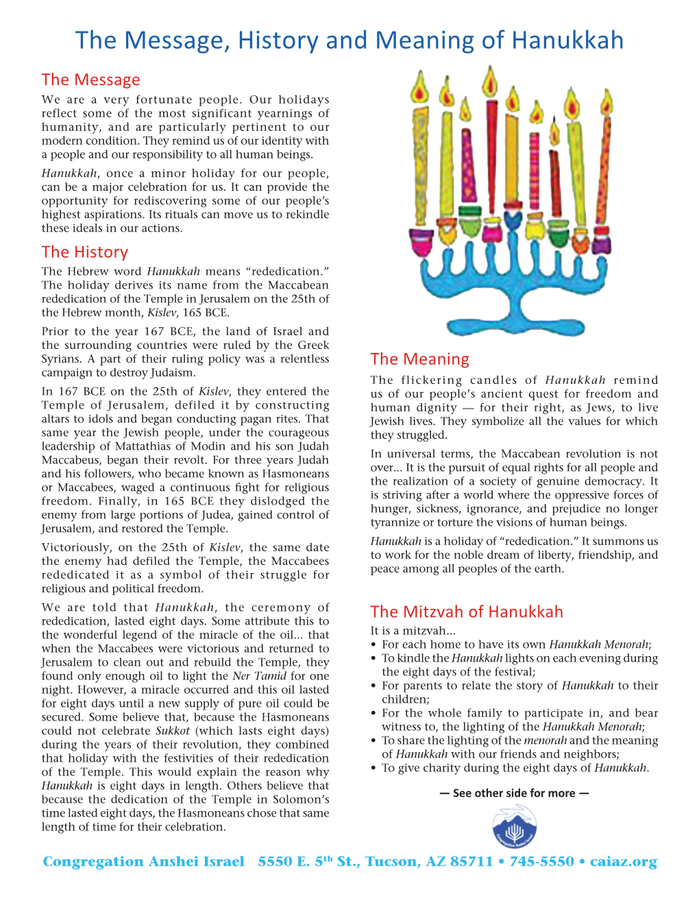 The Message, History and Meaning of Hanukkah the Message We Are a Very Fortunate People