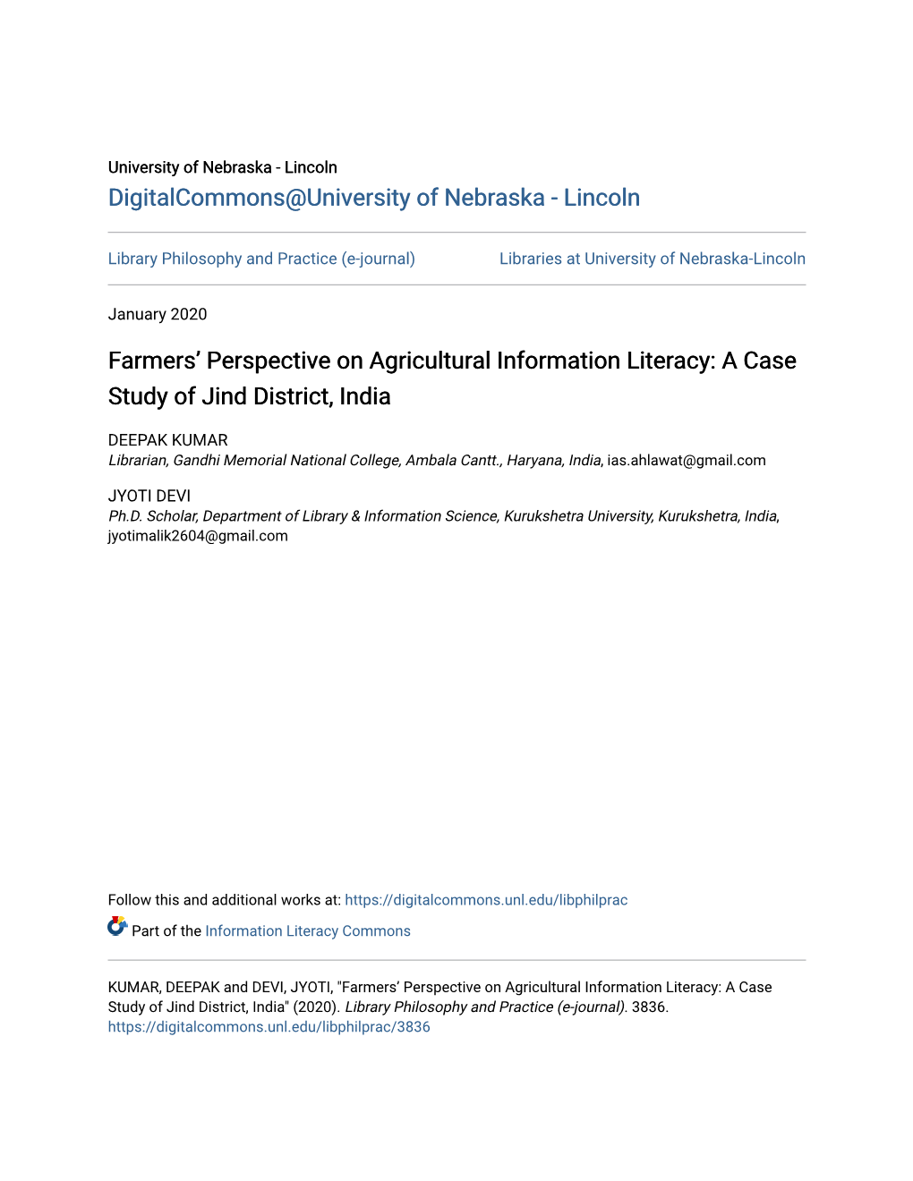 Farmers' Perspective on Agricultural Information Literacy: a Case Study of Jind District, India