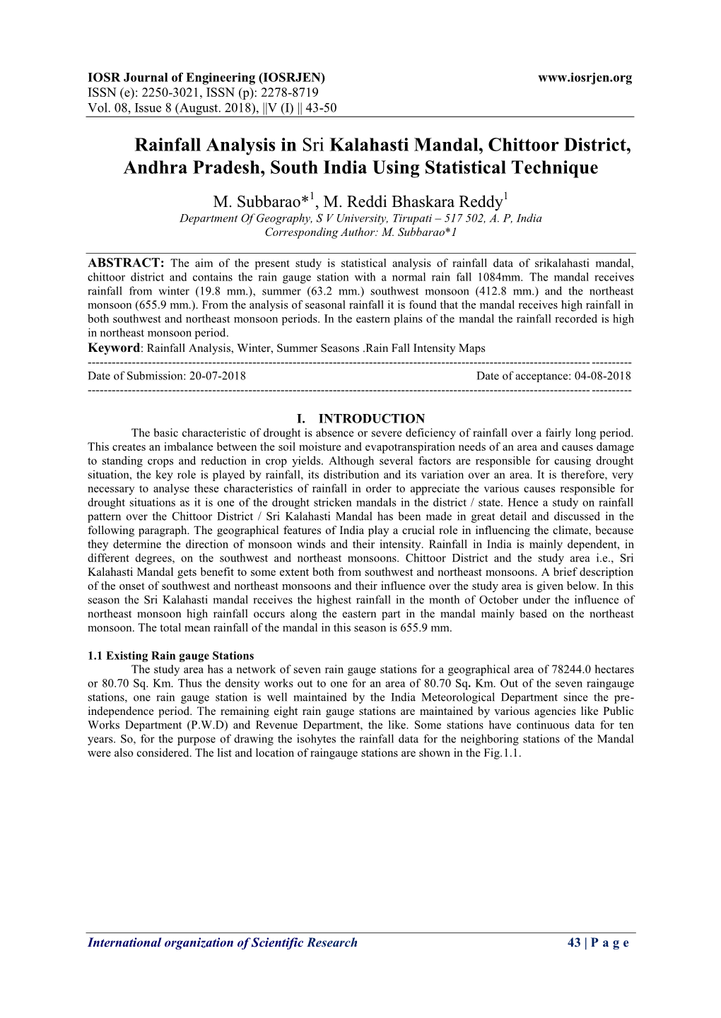 Rainfall Analysis in Sri Kalahasti Mandal, Chittoor District, Andhra Pradesh, South India Using Statistical Technique