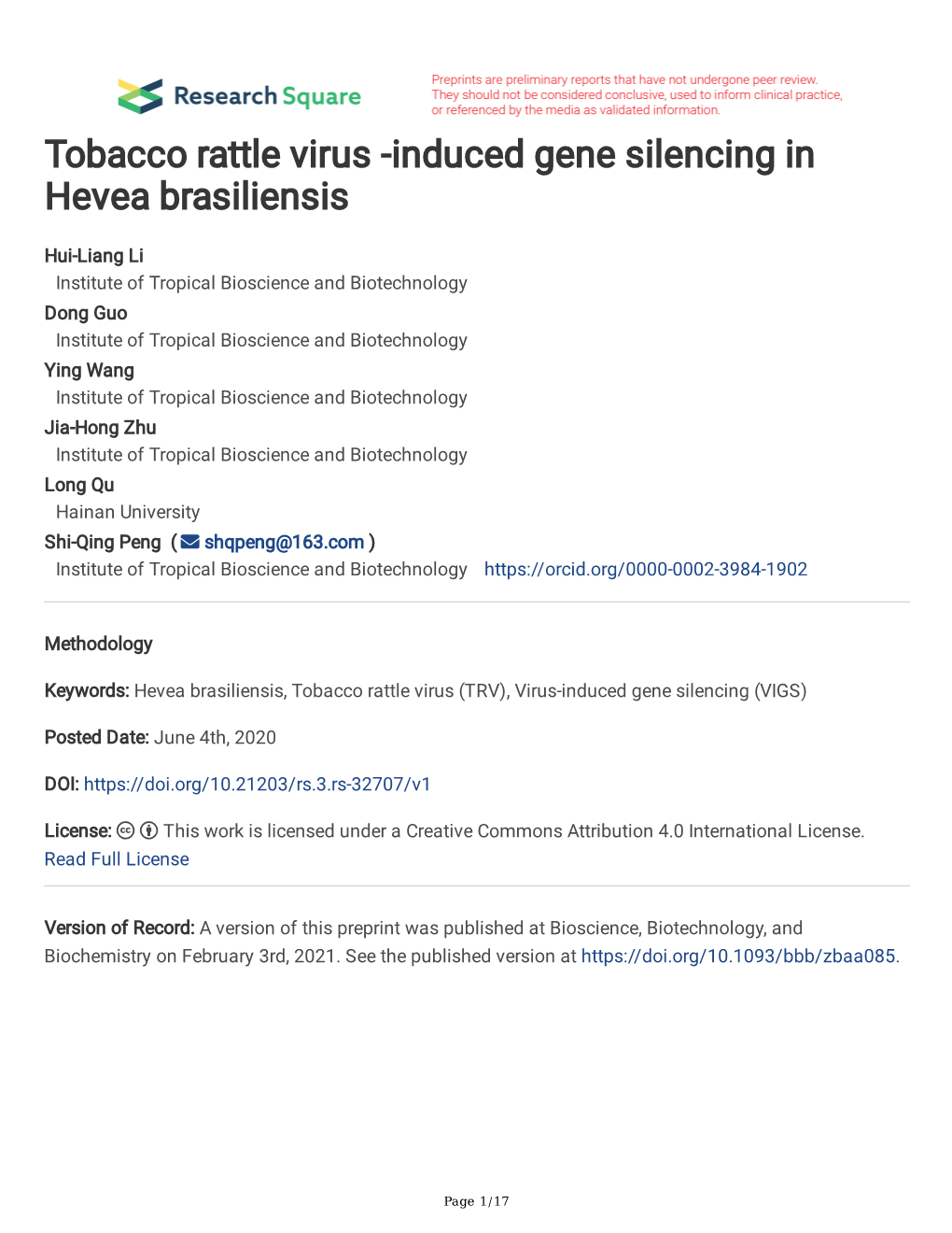 Tobacco Rattle Virus -Induced Gene Silencing in Hevea Brasiliensis