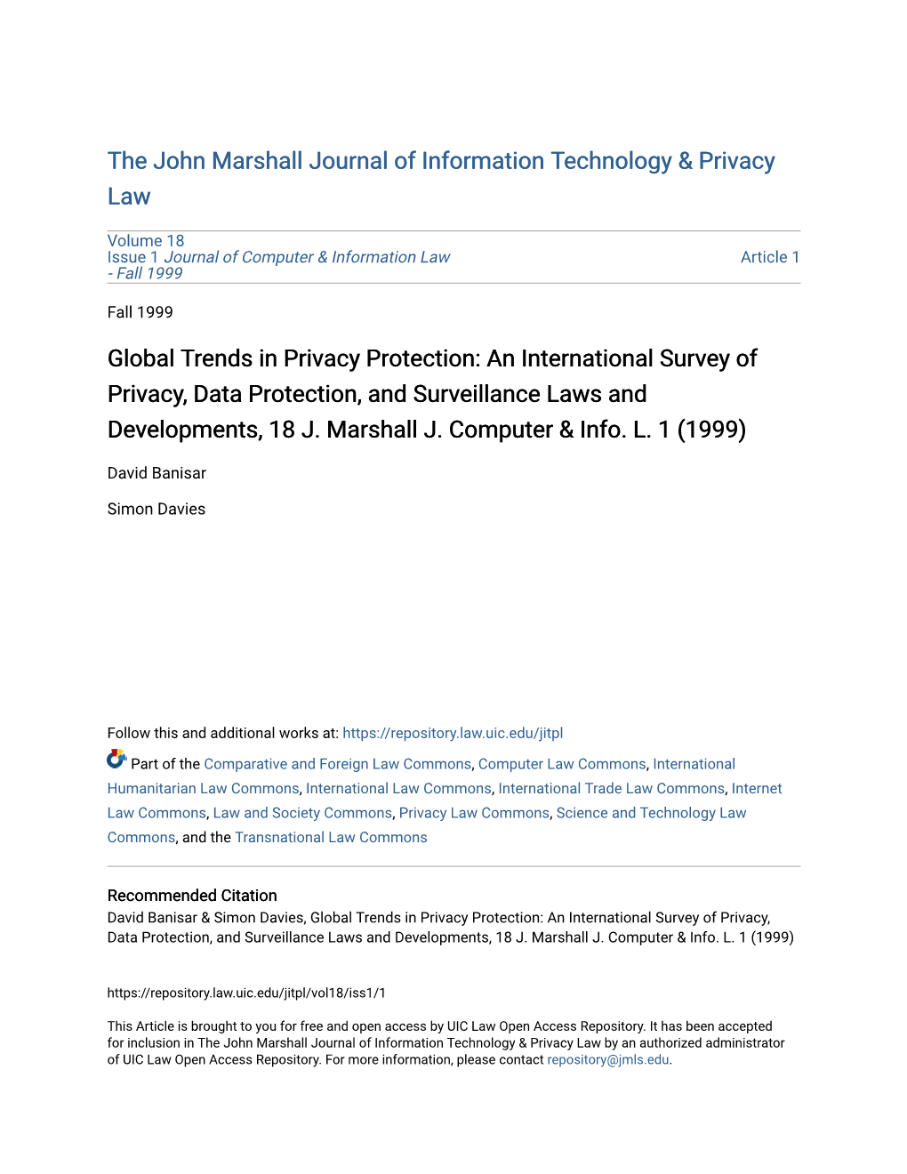 An International Survey of Privacy, Data Protection, and Surveillance Laws and Developments, 18 J