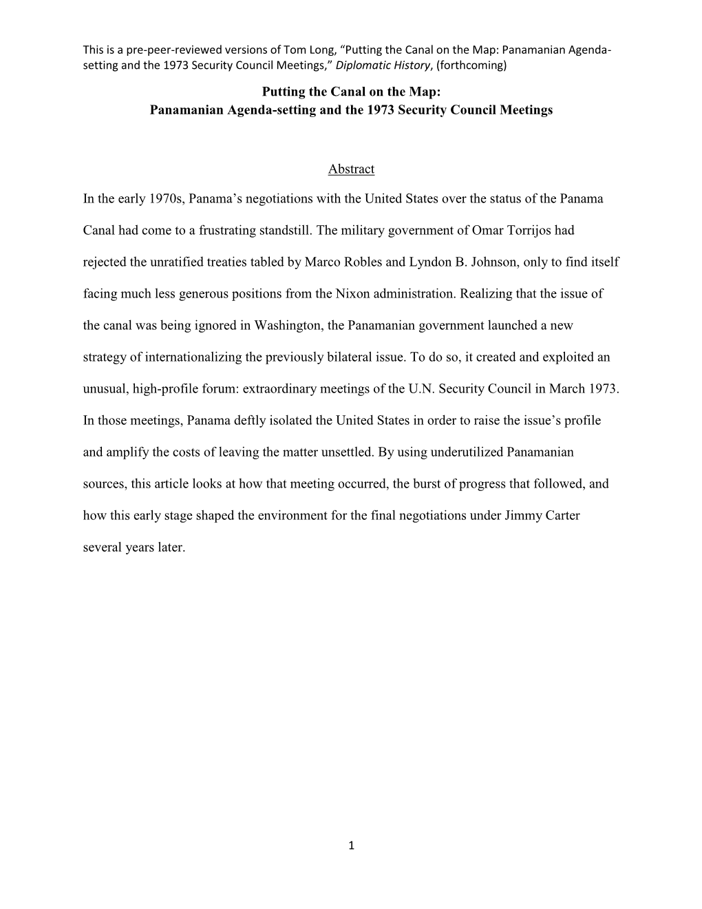 Putting the Canal on the Map: Panamanian Agenda-Setting and the 1973 Security Council Meetings