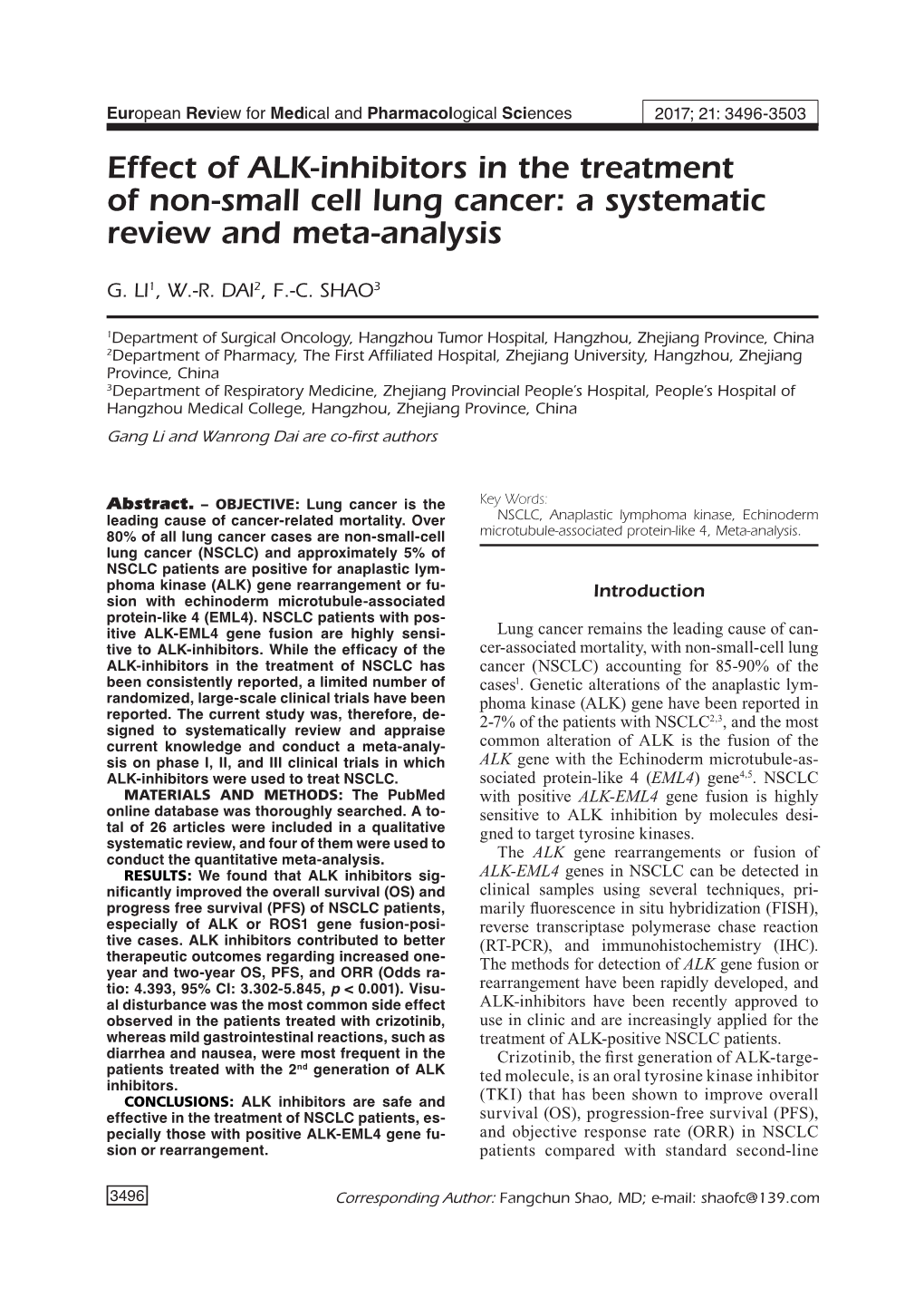 Effect of ALK-Inhibitors in the Treatment of Non-Small Cell Lung Cancer: a Systematic Review and Meta-Analysis