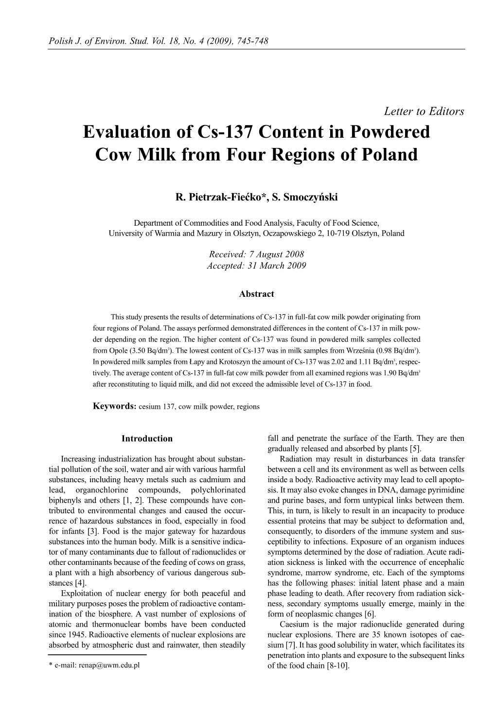 Evaluation of Cs-137 Content in Powdered Cow Milk from Four Regions of Poland