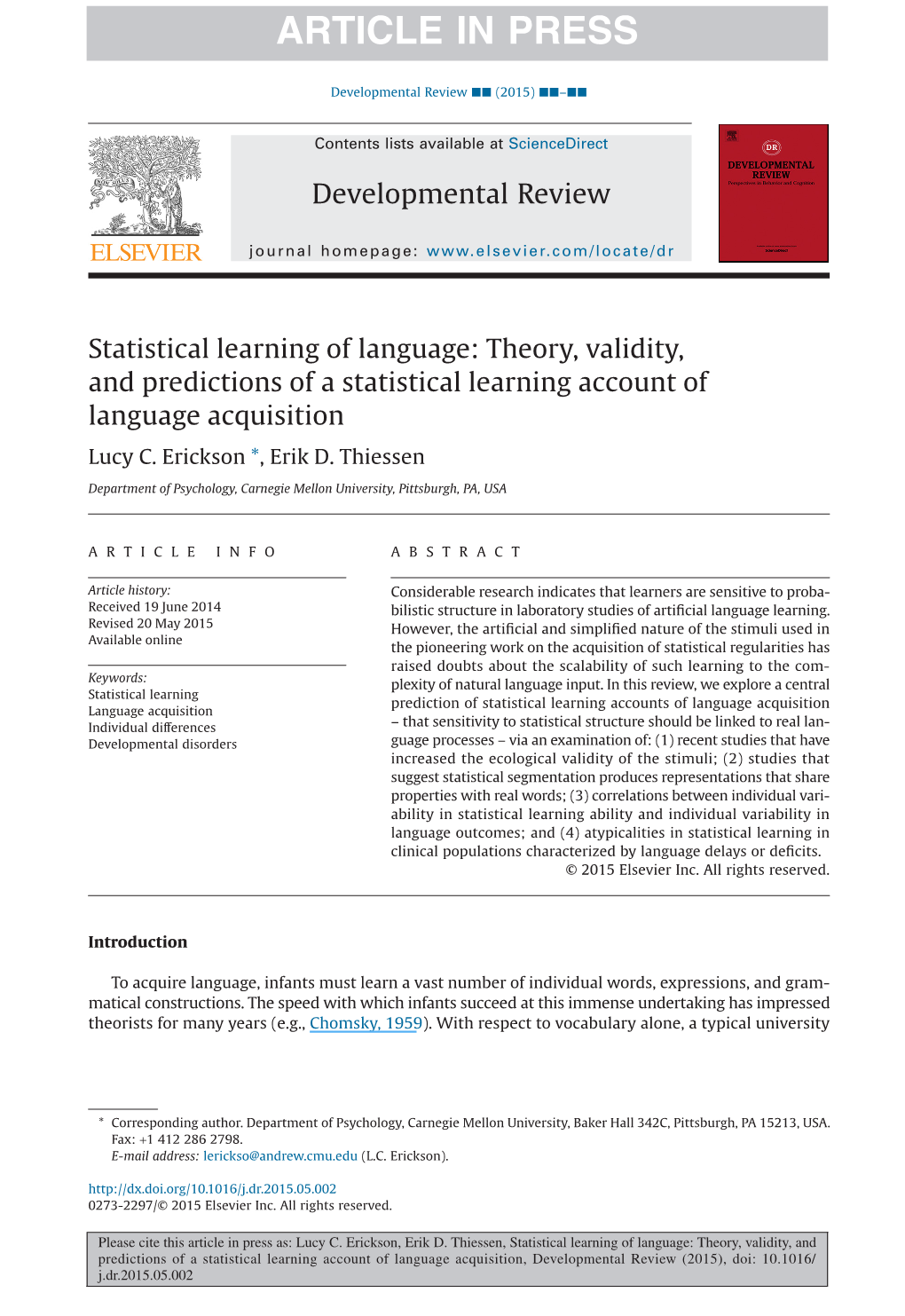 Statistical Learning of Language: Theory, Validity, and Predictions of a Statistical Learning Account of Language Acquisition Lucy C