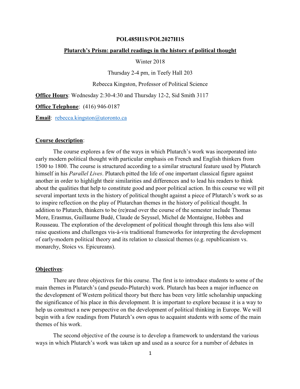 POL485H1S/POL2027H1S Plutarch's Prism: Parallel Readings in The