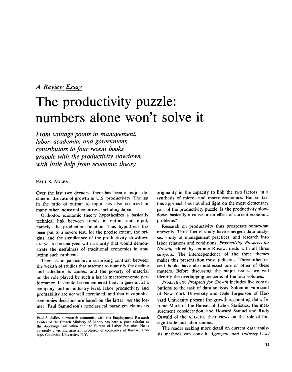 The Productivity Puzzle: Numbers Alone Won't Solve It