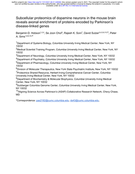 Subcellular Proteomics of Dopamine Neurons in the Mouse Brain Reveals Axonal Enrichment of Proteins Encoded by Parkinson’S Disease-Linked Genes