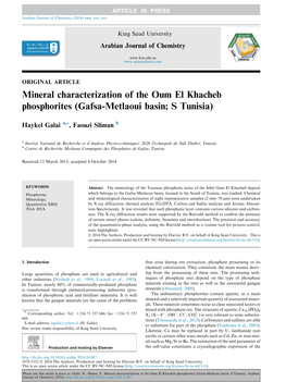 Mineral Characterization of the Oum El Khacheb Phosphorites (Gafsa-Metlaoui Basin; S Tunisia)