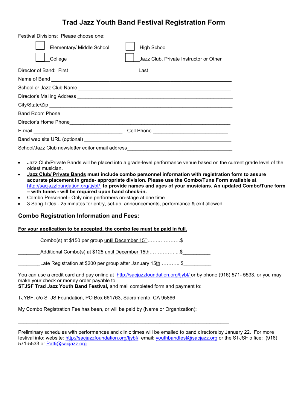 Trad Jazz Youth Band Festival Registration Form