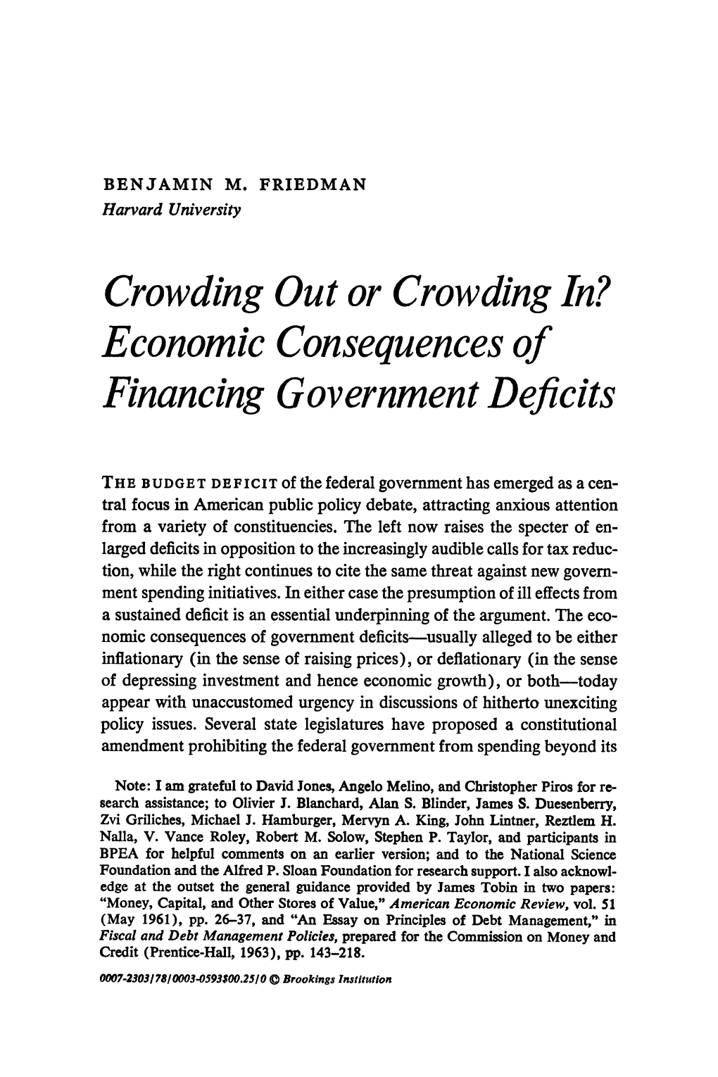 Economic Consequences of Financing Government Deficits