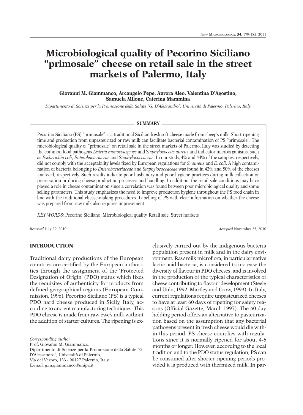 Microbiological Quality of Pecorino Siciliano “Primosale” Cheese on Retail Sale in the Street Markets of Palermo, Italy