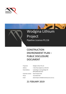 Wodgina Lithium Project Pipeline Licence PL116