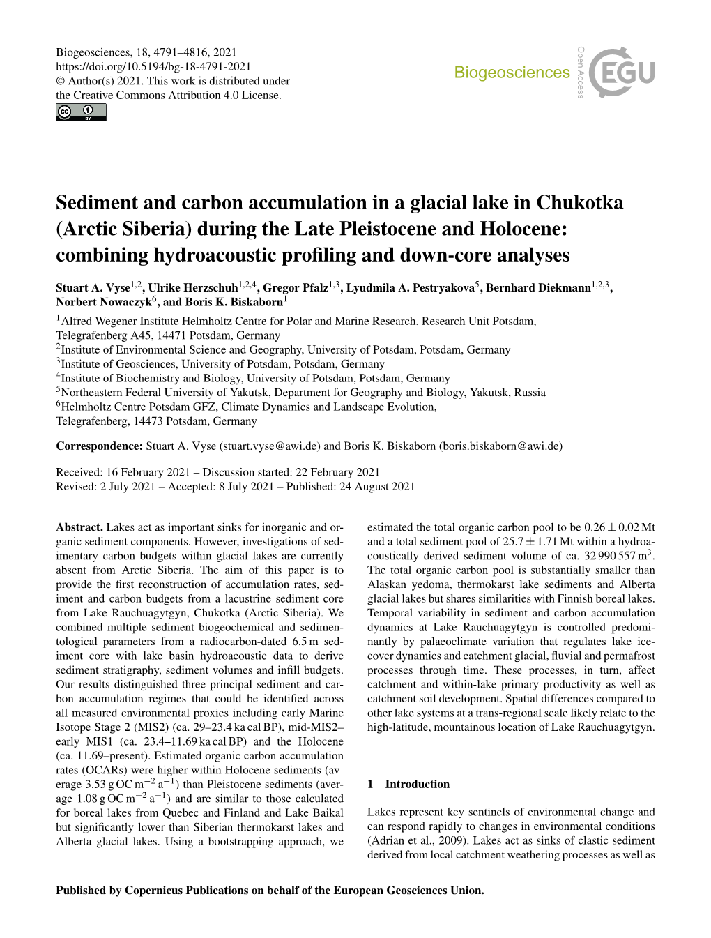 Sediment and Carbon Accumulation in a Glacial Lake in Chukotka