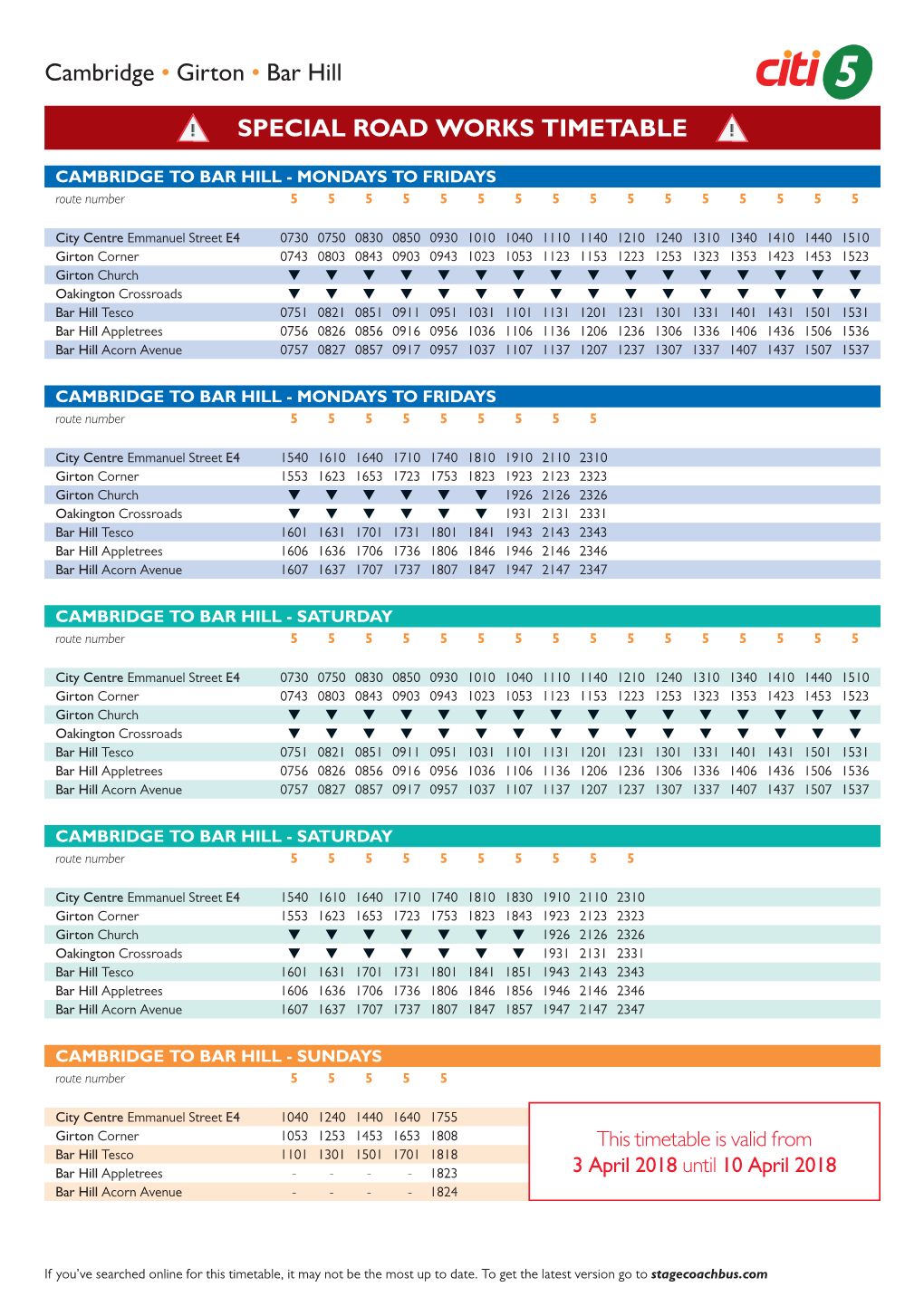 Cambridge • Girton • Bar Hill SPECIAL ROAD WORKS TIMETABLE