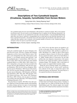 Descriptions of Two Cymothoid Isopods (Crustacea, Isopoda, Cymothoida) from Korean Waters