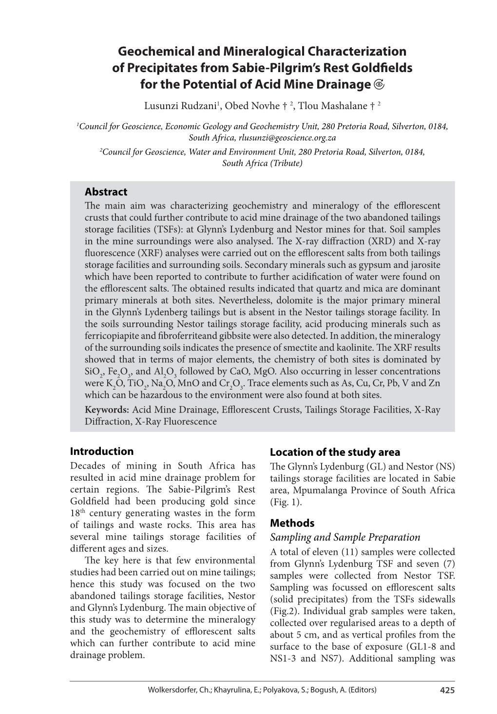 Geochemical and Mineralogical Characterization of Precipitates from Sabie-Pilgrim's Rest Goldfields for the Potential of Acid