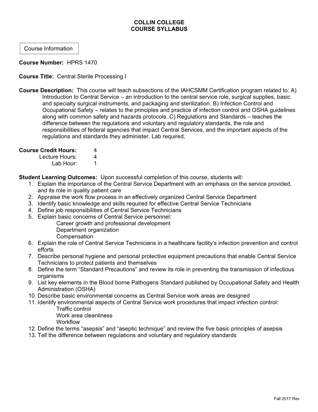 Course Title: Central Sterile Processing I