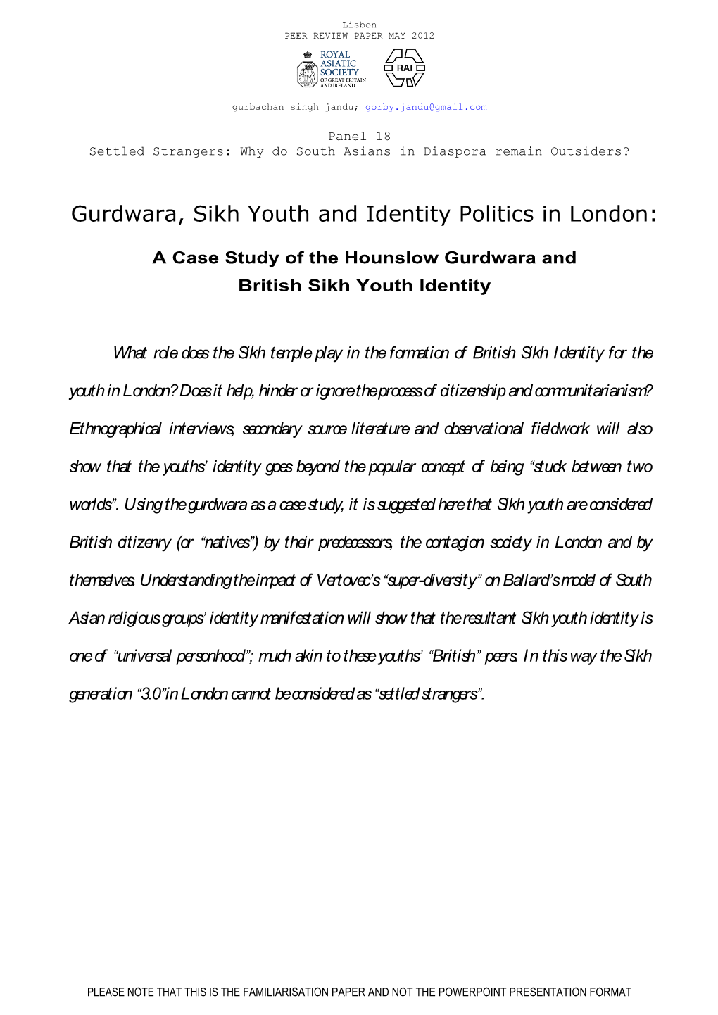 Gurdwara, Sikh Youth and Identity Politics in London