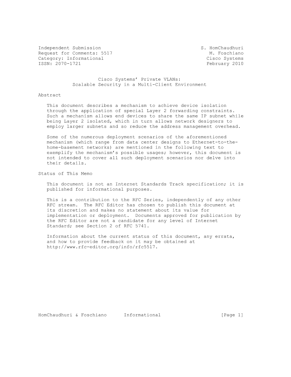 5517 M. Foschiano Category: Informational Cisco Systems ISSN: 2070-1721 February 2010