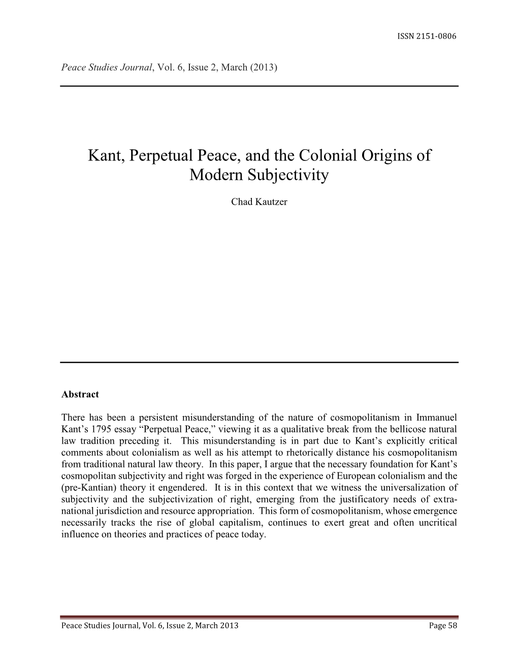 Kant, Perpetual Peace, and the Colonial Origins of Modern Subjectivity