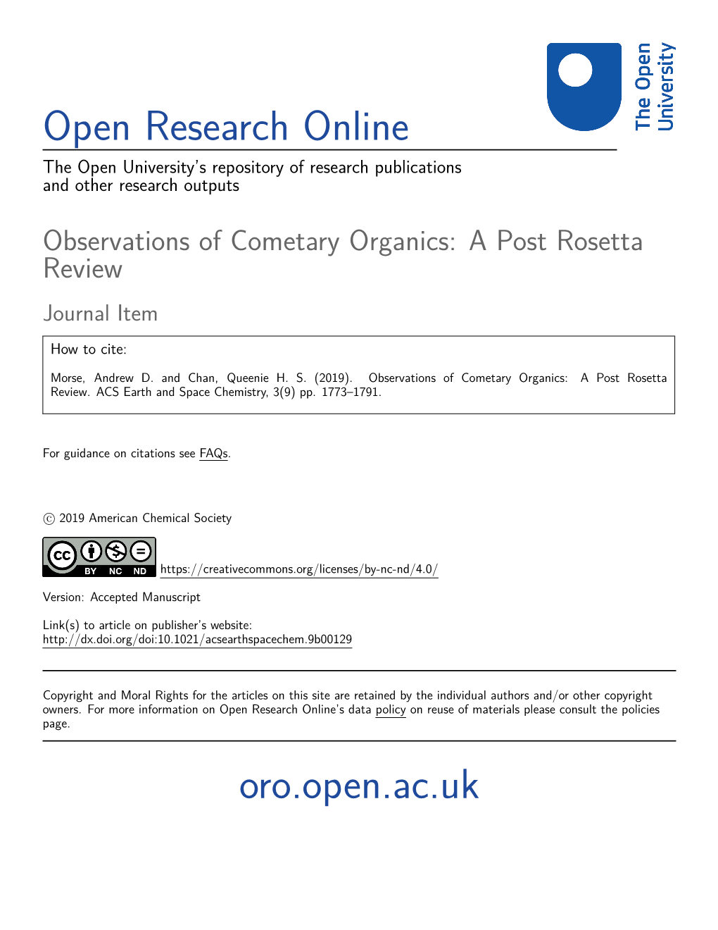 Observations of Cometary Organics: a Post Rosetta Review Journal Item