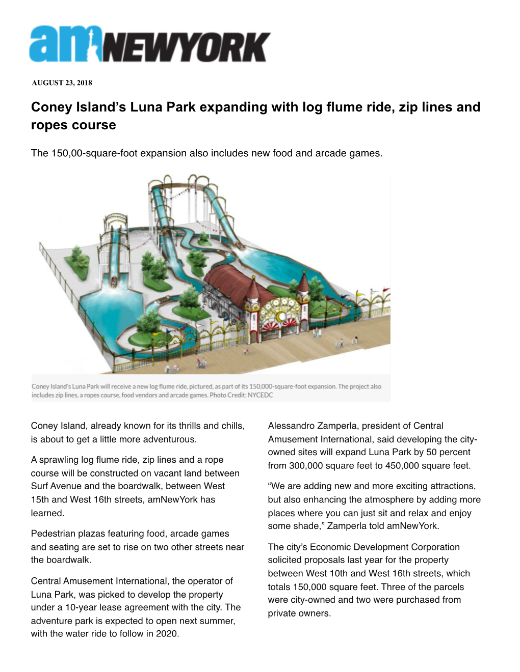 Coney Island's Luna Park Expanding with Log Flume Ride, Zip Lines And