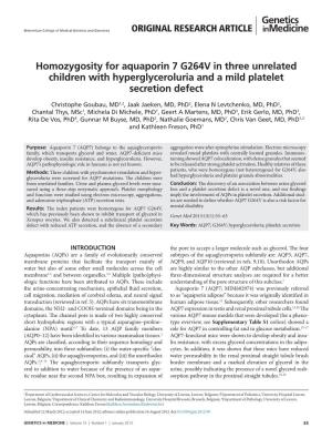 Homozygosity for Aquaporin 7 G264V in Three Unrelated Children with Hyperglyceroluria and a Mild Platelet Secretion Defect