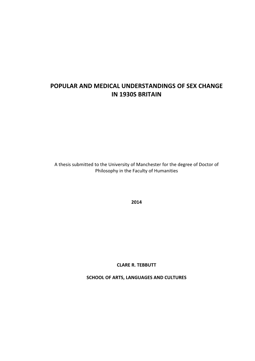 Popular and Medical Understandings of Sex Change in 1930S Britain