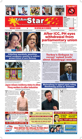 After ICC, PH Eyes Withdrawal from Parliamentary Union by Daniel Llanto I Filam Star Correspondent HE Philippines May Soon Withdraw Its Dent Vicente Sotto III