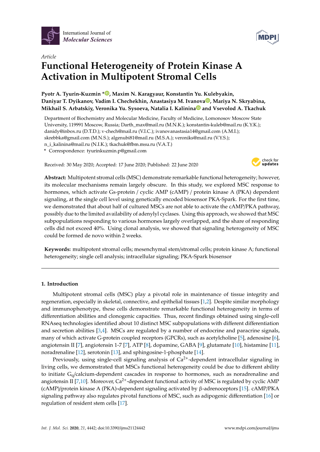 Functional Heterogeneity of Protein Kinase a Activation in Multipotent Stromal Cells