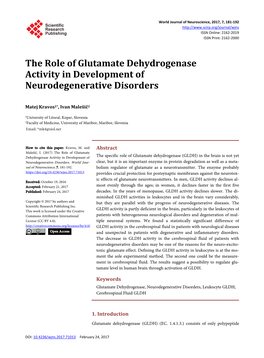 The Role of Glutamate Dehydrogenase Activity in Development of Neurodegenerative Disorders